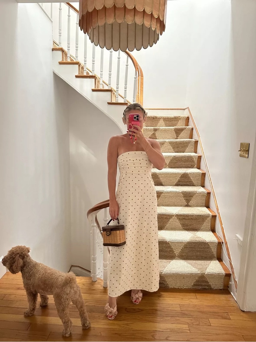 Abercrombie & Fitch Strapless Cream Midi Dress with Brown Polka Dots